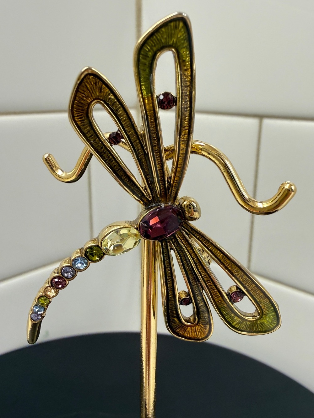 MONET Gold Toned Dragonfly Brooch with Multicolor Rhinestones